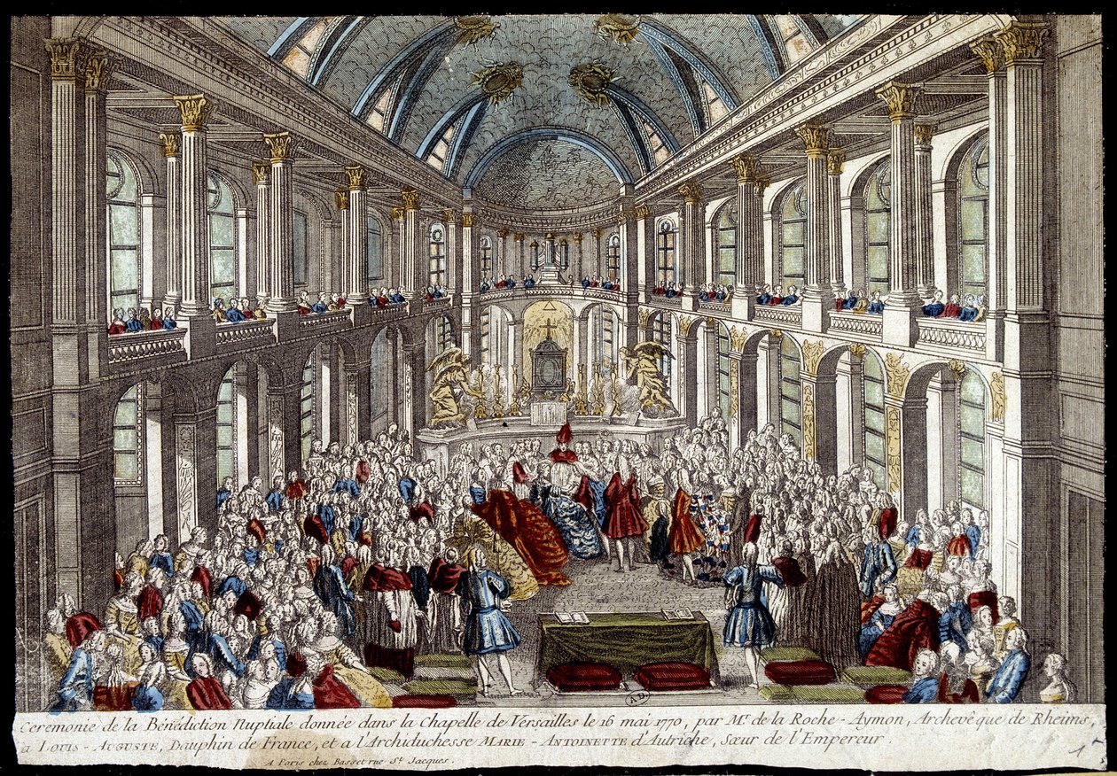 Ceremonia błogosławieństwa weselnego udzielonego w kaplicy wersalskiej 16 maja 1770 r. przez delfina francuskiego Ludwika Augusta (Ludwika XVI) i Marię Antoninę z Austrii - rycina autorstwa French School