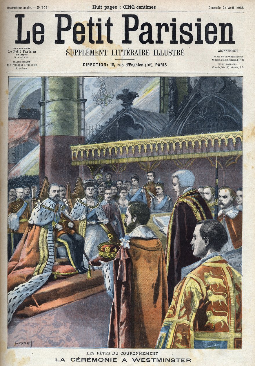 Ceremonia koronacji w Westminster: Król Edward VII (1841-1910) i Aleksandra Duńska (1844-1925), w „Le petit Parisien”” autorstwa French School