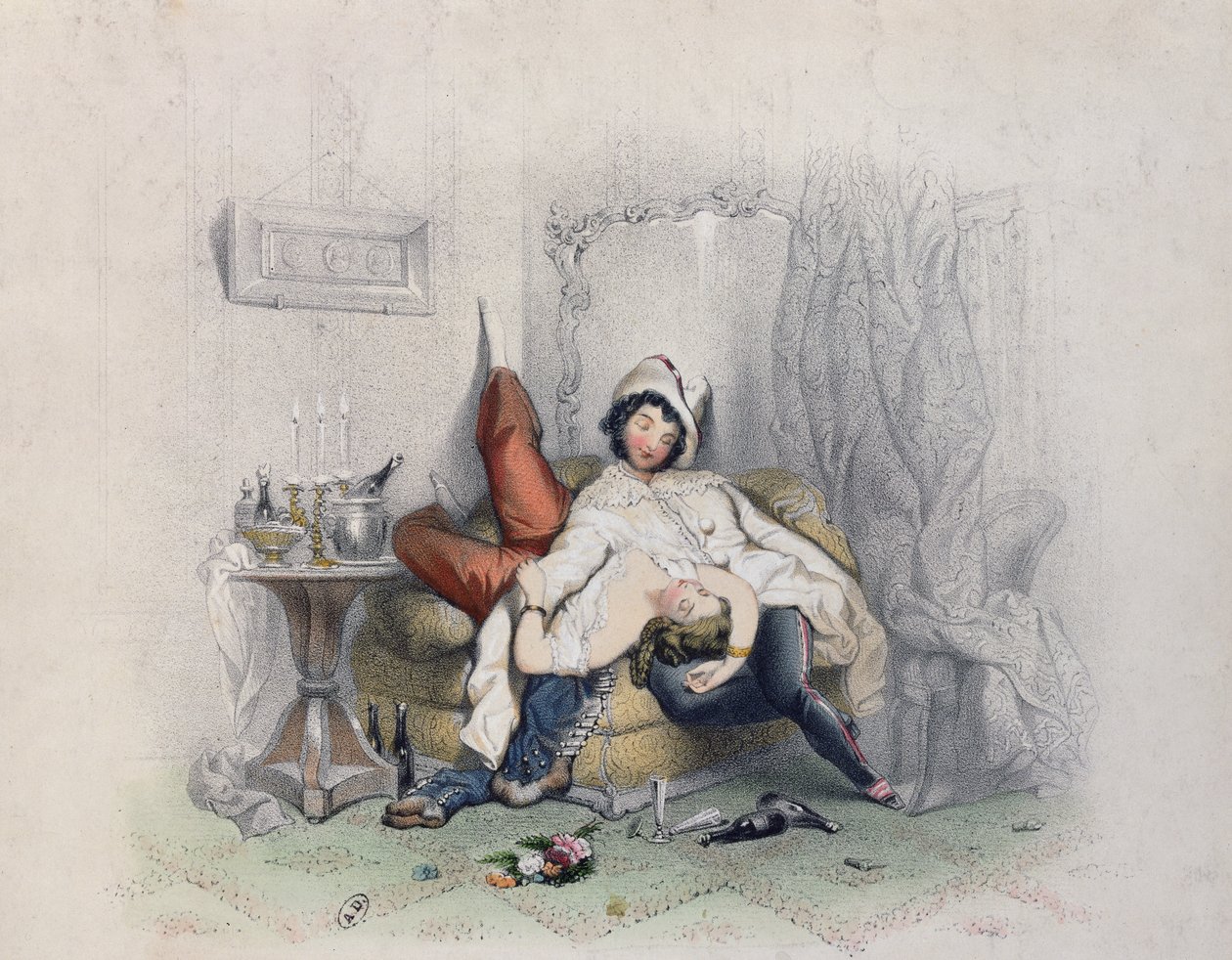 Szampan i Miłość, zakochana para zasnęła po szóstej butelce szampana, grawerowana przez Bettanniera Freresa, Paryż, 1852 autorstwa French School