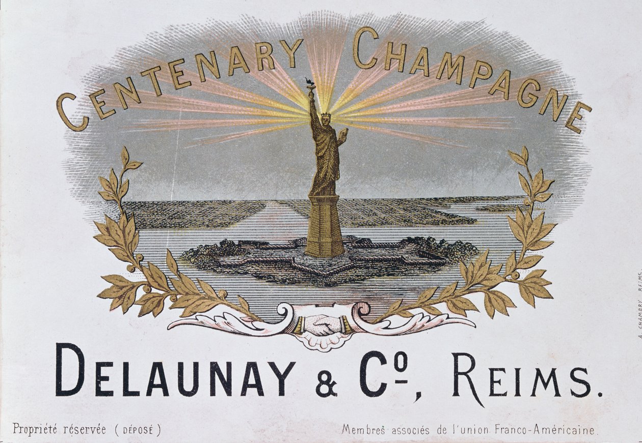 Etykieta szampana z domu Delaunay & Co. z okazji stulecia niepodległości Ameryki i przedstawiająca Statuę Wolności, c.1876 autorstwa French School