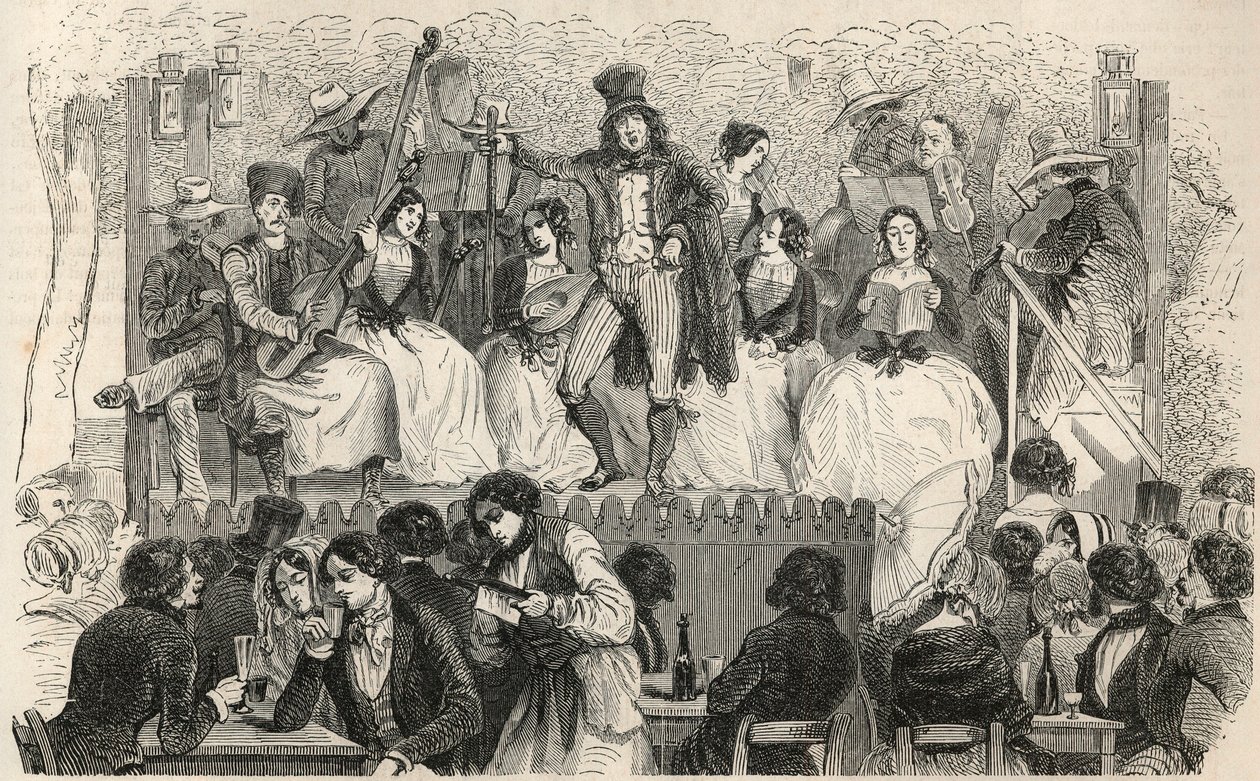 Champs-Elysees (Champs Elysees) - Śpiewacy przed kawiarnią Morel - Grawerowanie w „Tableau-de-Paris” autorstwa Edmonda Texiera 1852 autorstwa French School