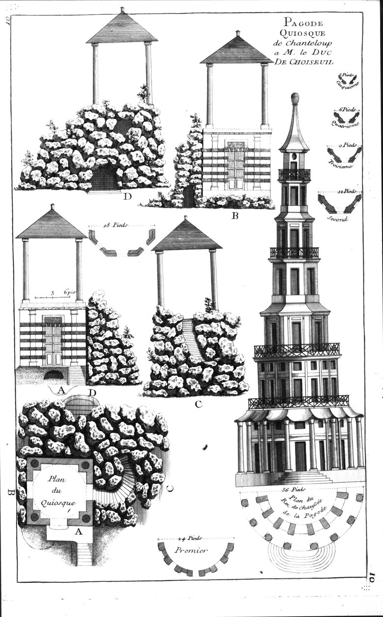 Pagoda Chanteloup, z książki Details des Nouveaux Jardins a la Mode autorstwa George