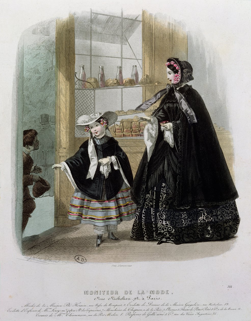 Dobroczynność w cukierni, ilustracja z Moniteur de la Mode, 1852 (kolor grawerowany) autorstwa French School