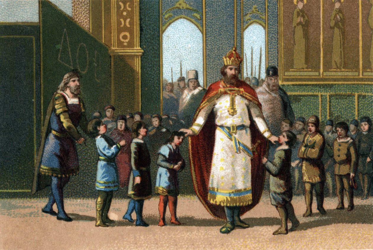 Nadzór nad klasami sprawuje Karol Wielki, król Francji od 768 do 814 założyciel szkoły. Chromolitografia około 1890 r. autorstwa French School