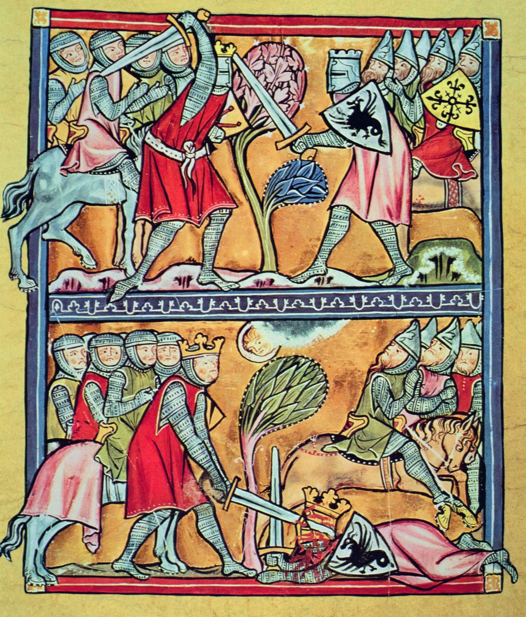 Karol Wielki i jego paladyni w walce z Saracenami, miniatura z „Karol Wielki i jego paladyni” (welum) autorstwa French School