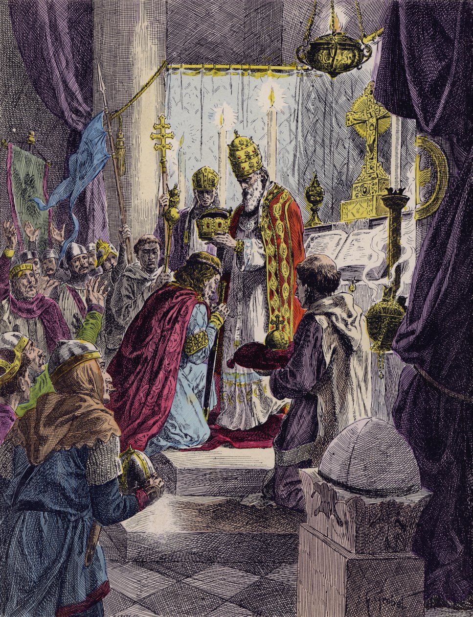Karol Wielki koronowany na cesarza przez papieża Leona III, Rzym, 800 r. (kolorowa litografia) autorstwa French School