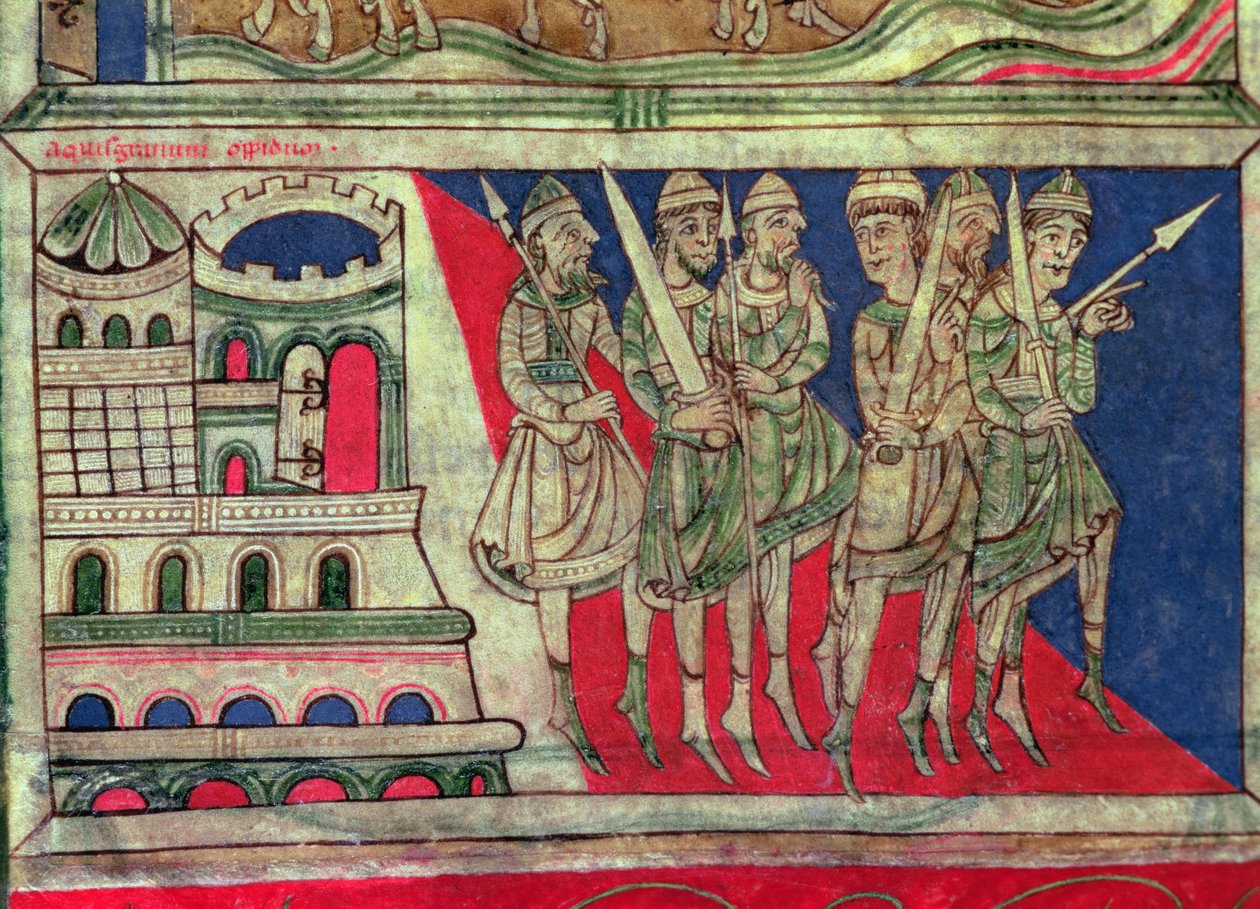 Karol Wielki opuszcza Akwizgran i udaje się do Santiago de Compostela, miniatura z „Codice Calixtus”, fol. 162v., c.1150 (welum) autorstwa French School