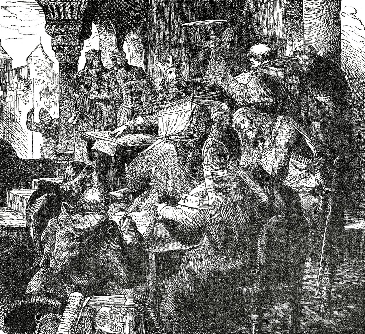Karol Wielki z uczniami i nauczycielami ze swojej Szkoły Pałacowej w Akwizgranie, ok. 1890 r. autorstwa French School