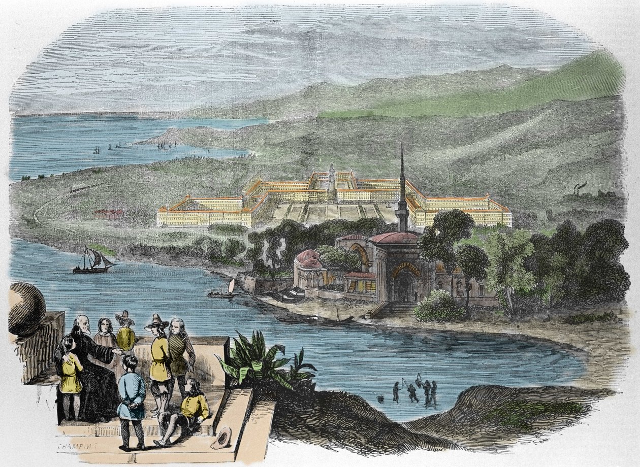 Charles Fourier (1772-1837), francuski teoretyk socjalizmu: rycina przedstawiająca idealny obraz Phalanstere