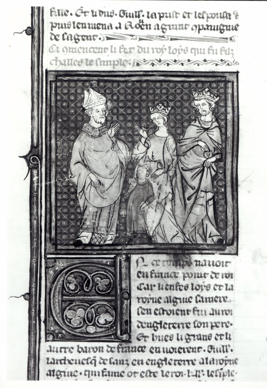 Karol III (879-929) Prosty z żoną i synem Ludwikiem IV (921-954), Grandes Chroniques de France, 1375-79 autorstwa French School