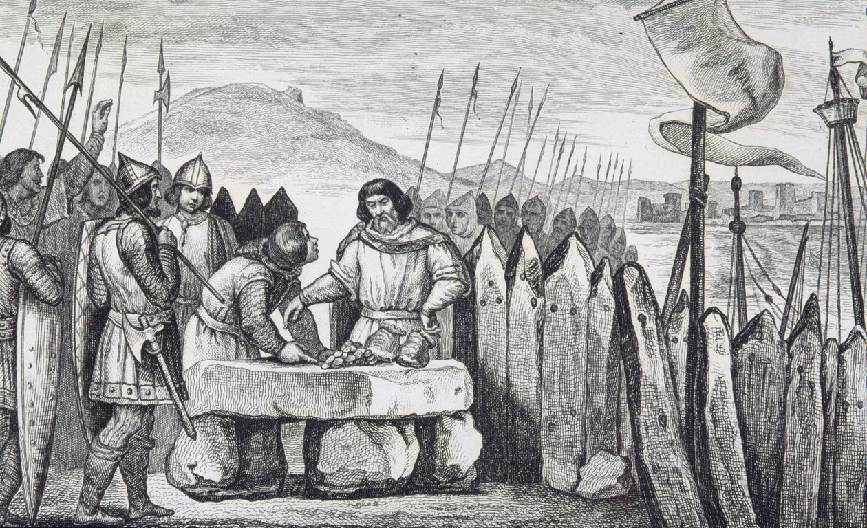 Karol III Gruby (839-88) spłaca wikingów w 886, z „Histoire de France” Colarta, wydanej ok. 1840 (rycina) autorstwa French School