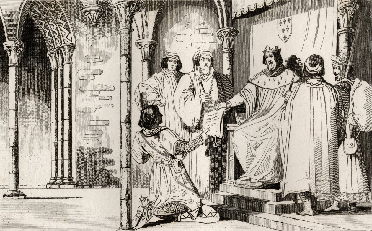 Karol IV (1294-1328) Przystojny otrzymuje apelację na dworze z „Histoire de France” Colarta, wydanej ok. 1840 r. (rycina) autorstwa French School