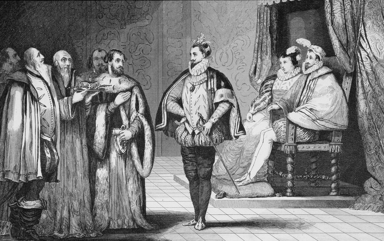 Karol IX (1550-74) dowiaduje się z sejmu, że jego brat Henryk Andegaweński (1553-1610) został wybrany na króla Polski, z "Histoire de France" Colarta, wydanej ok. 1840 r. autorstwa French School