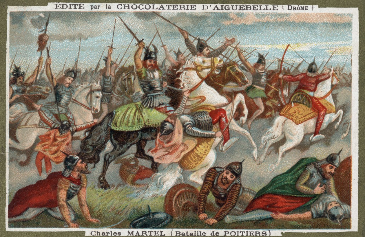 Charles Martel aresztował muzułmanów w bitwie pod Poitiers w 732. Chromolitografia z XIX wieku. autorstwa French School