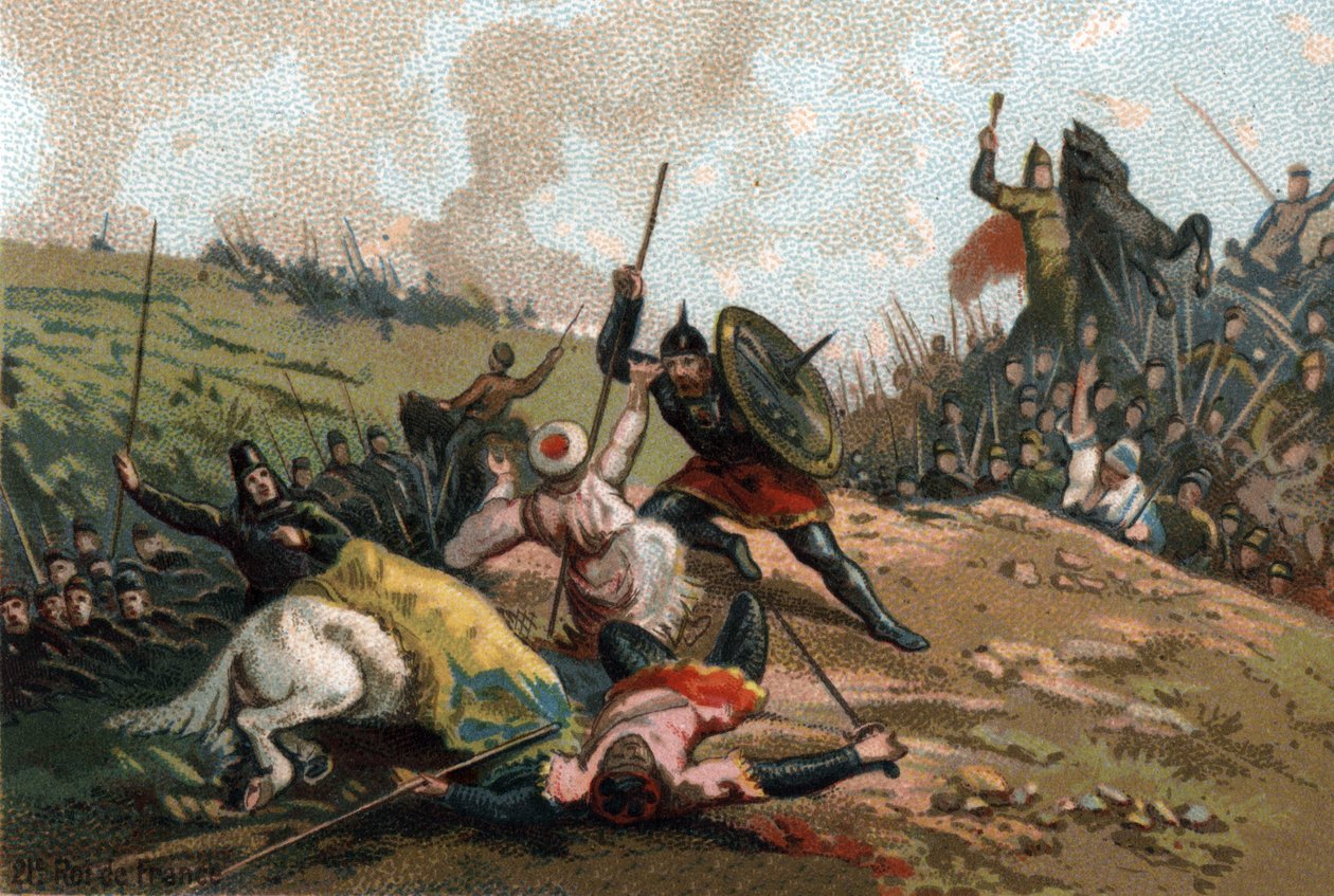 Karol Martel powstrzymał inwazję i zabił przywódcę Armii Abd al-Rahmana I lub Abderamane I (Abd al-Rahmana) (731-788), przywódcę Saracenów. Chromolitografia około 1890 r. autorstwa French School