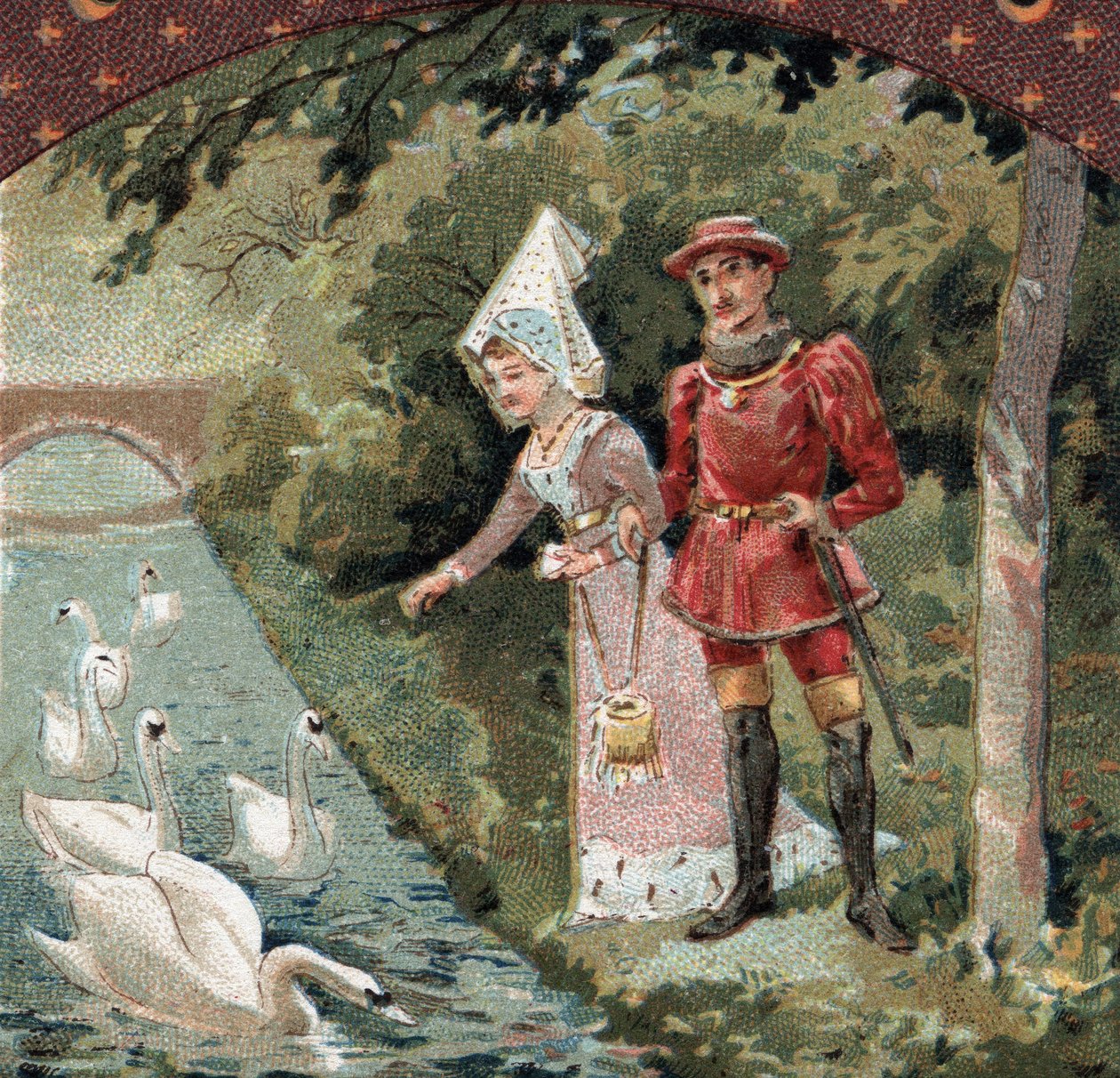 Karol VII (1403-1461) ze swoją ulubienicą Agnes Sorel (znaną jako Pani z Beaute sur Marne (Beaute-sur-Marne) (1422-1450) karmiąc łabędzie w parku zamku Savigny sur Orge (Savigny-sur -Orge).Chrololitografia z końca XIX wieku autorstwa French School