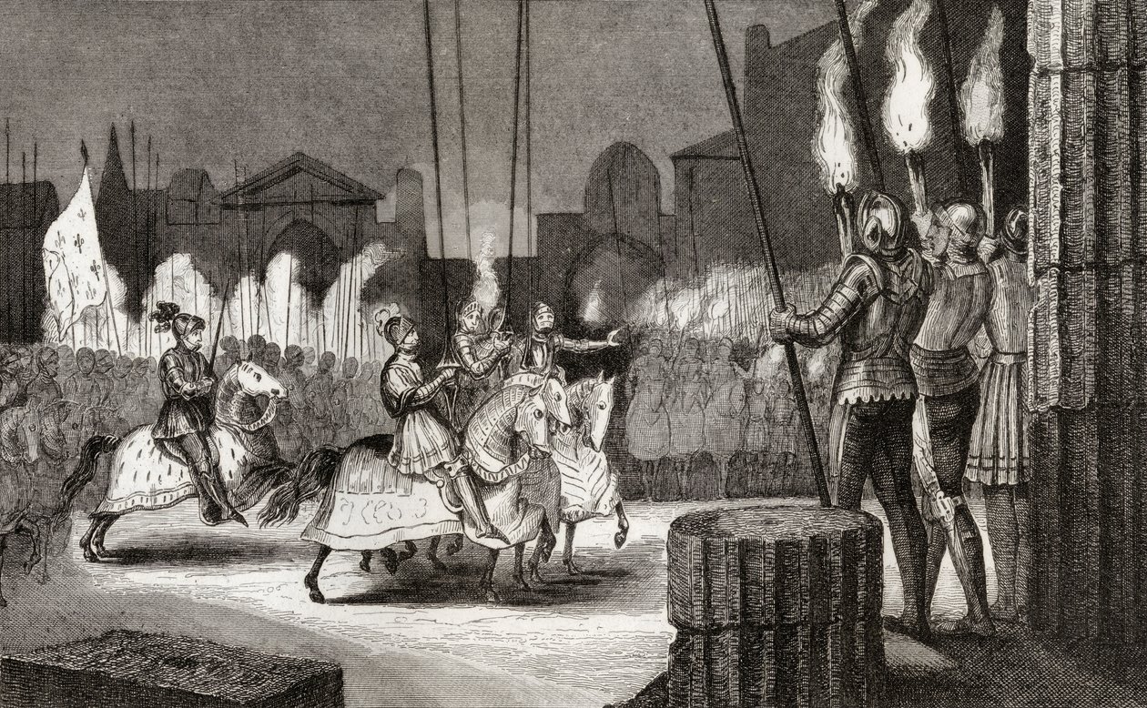 Karol VII (1470-98) wjeżdża do Rzymu w 1494, aby zostać ogłoszony cesarzem Wschodu, z „Histoire de France” Colarta, opublikowanej ok. 1840 autorstwa French School