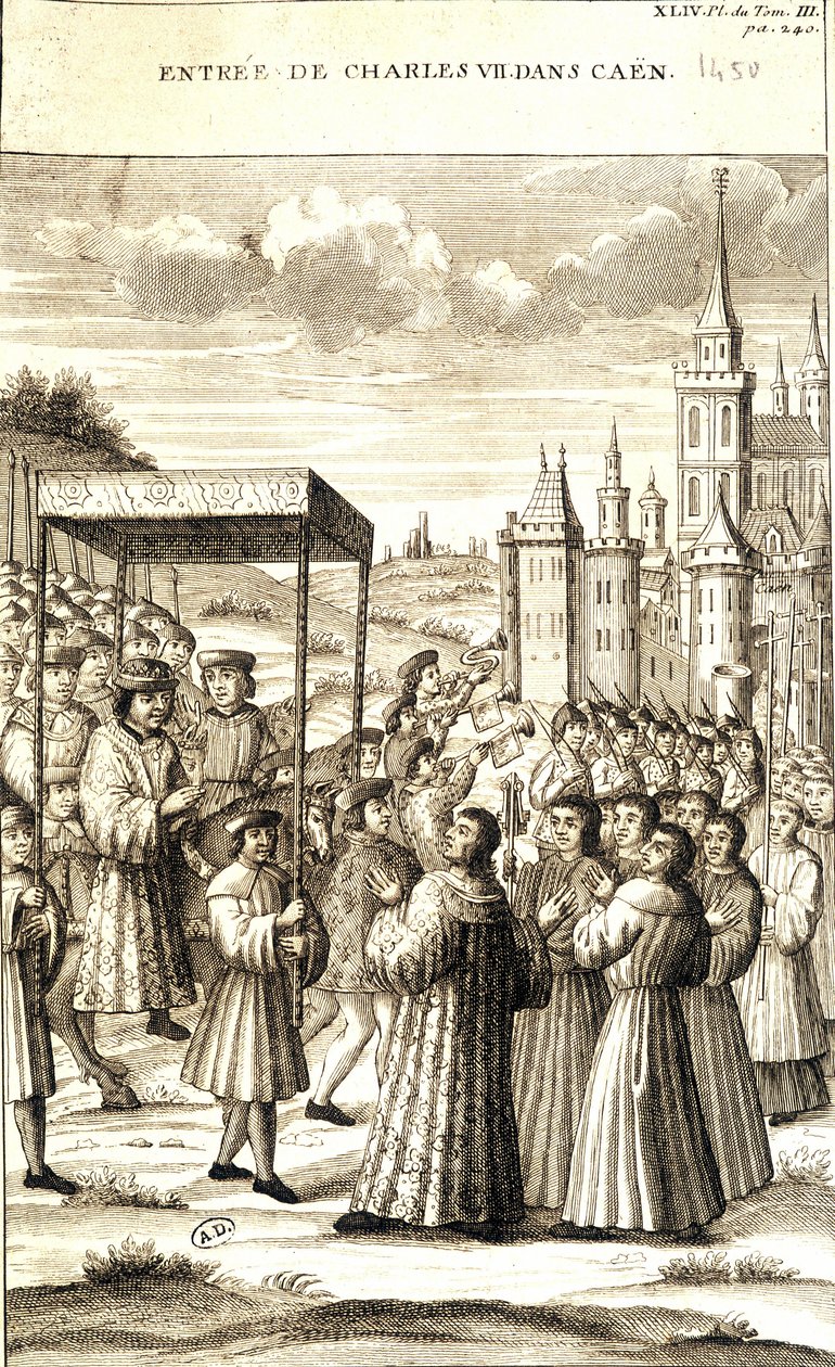 Karol VII wkroczył do Caen w 1450 roku. autorstwa French School