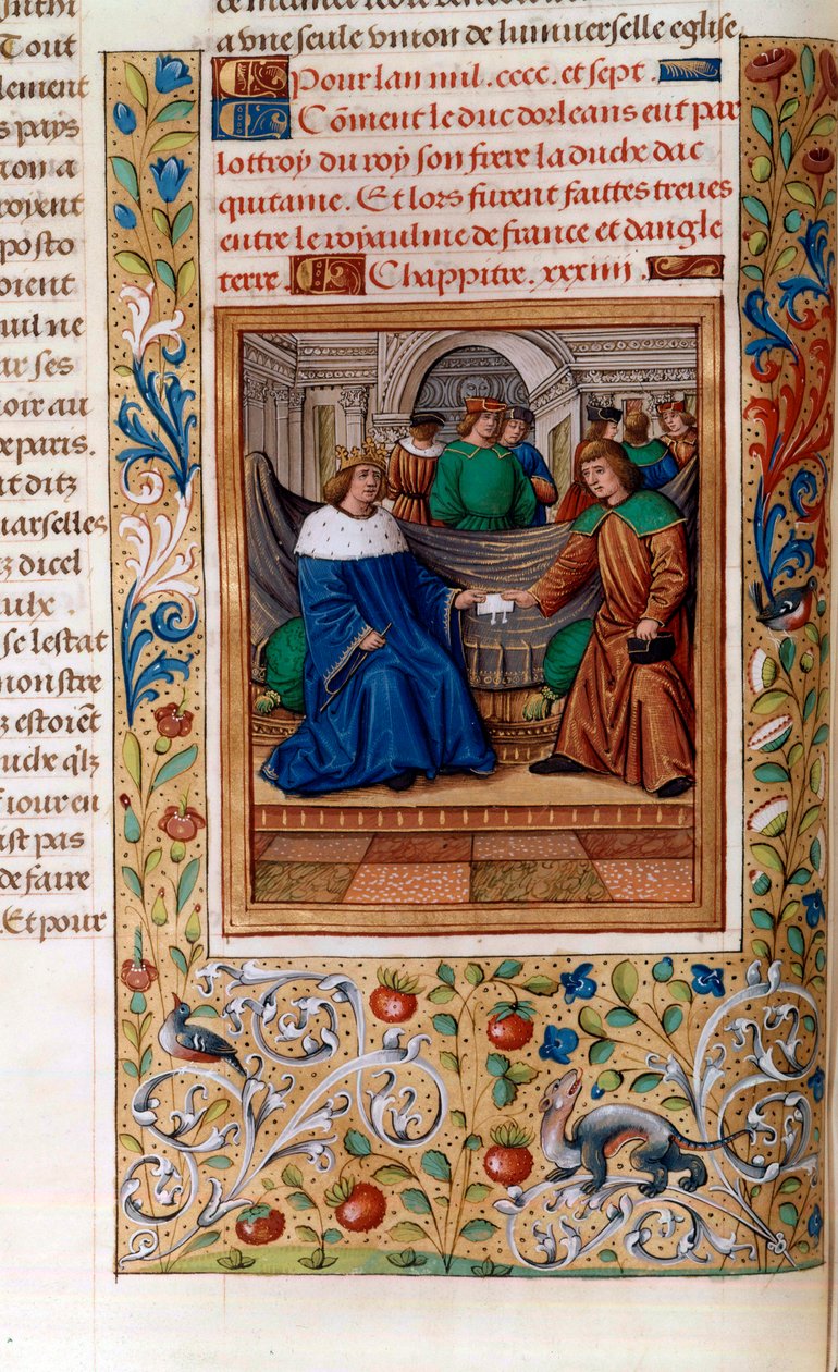 Karol VI i Henryk V podpisujący „Traktat z Troyes” w 1420 r., ilustracja z „Chroniques de Monstrelet” autorstwa French School
