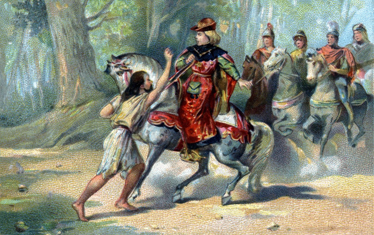 Karol VI popadł w szaleństwo w lesie Le Mans. chromolitografia z końca XIX wieku autorstwa French School