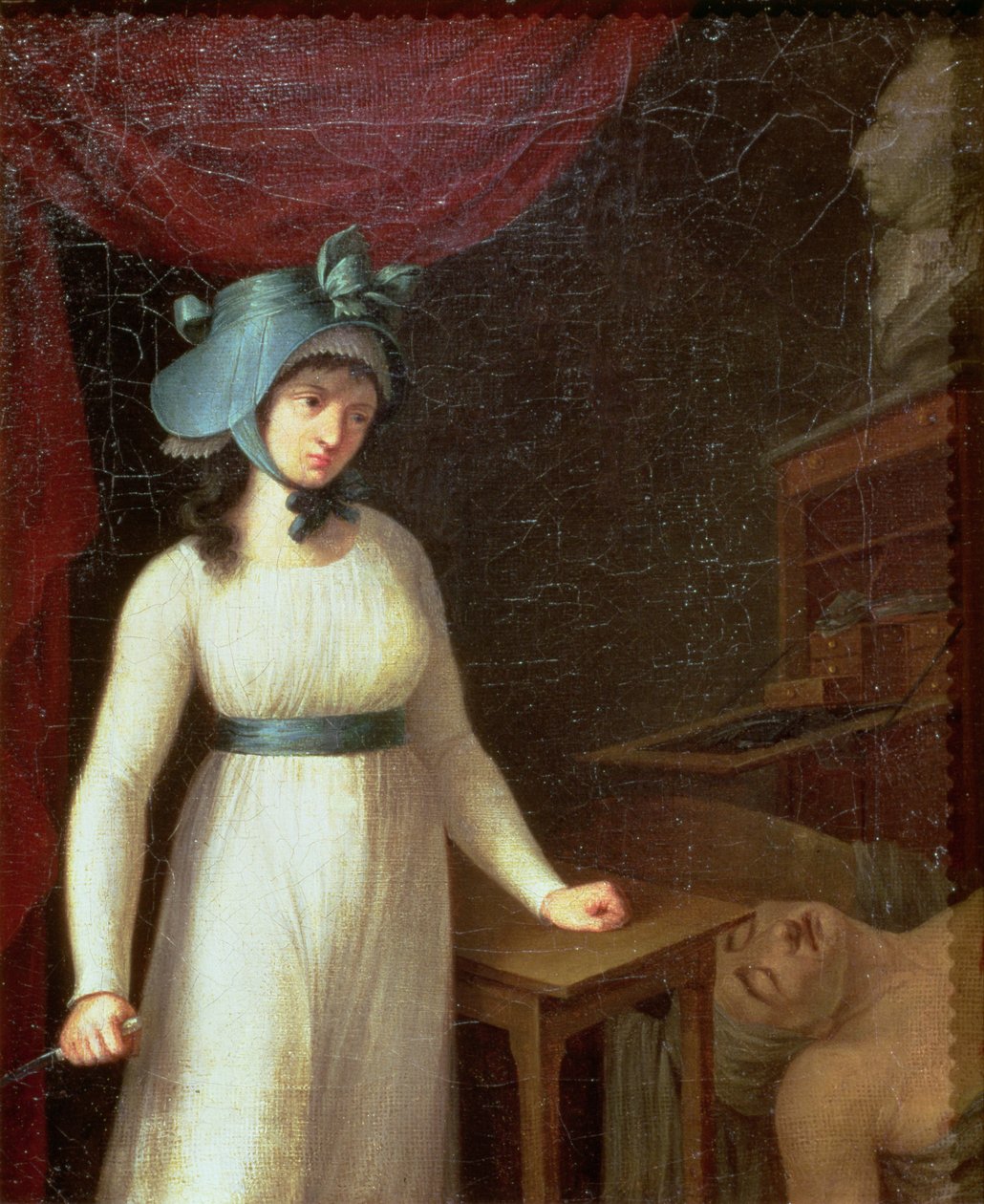 Charlotte Corday (1768-93) i zabójstwo Jeana Paula Marata (1743-93) w jego łaźni autorstwa French School