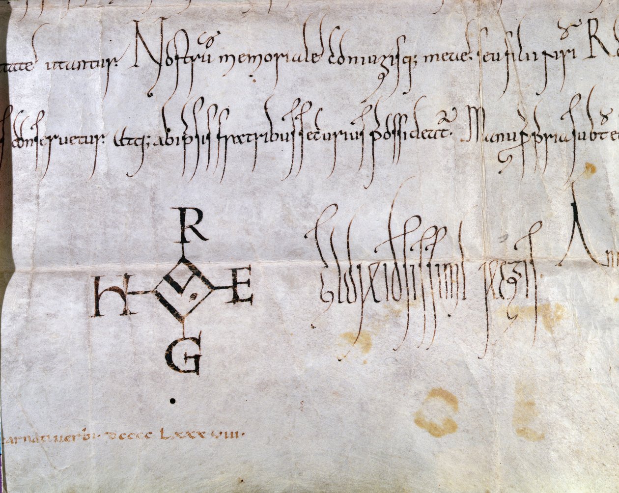 Karta podpisana przez Hugues I Capet (941-996), króla Francji, 988 (pióro i atrament na papierze) (detal z 157461) autorstwa French School