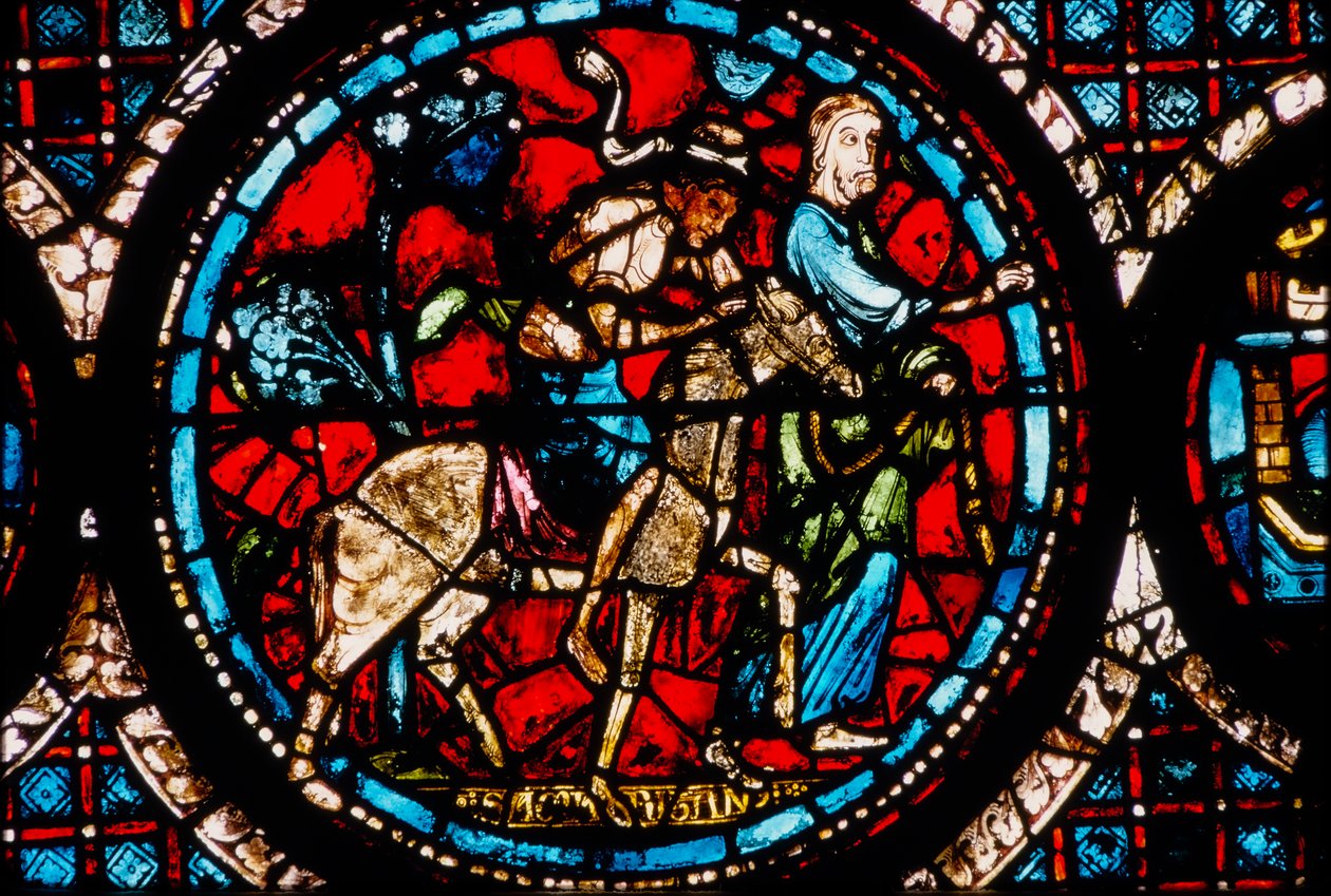 Katedra w Chartres, witraż przedstawiający okrągłego Dobrego Samarytanina autorstwa French School