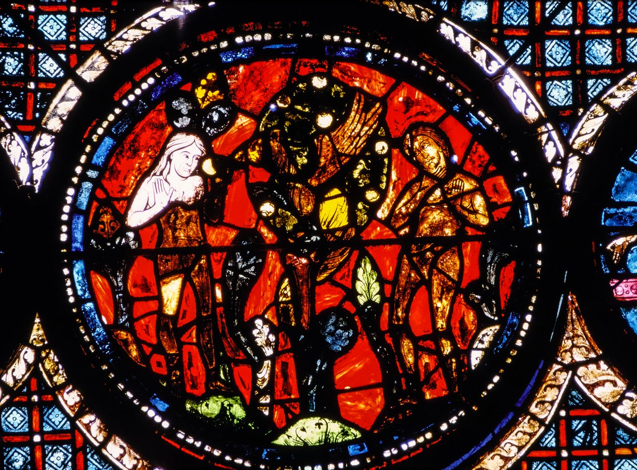 Katedra w Chartres, witraż przedstawiający okrągłego Dobrego Samarytanina (witraż) autorstwa French School