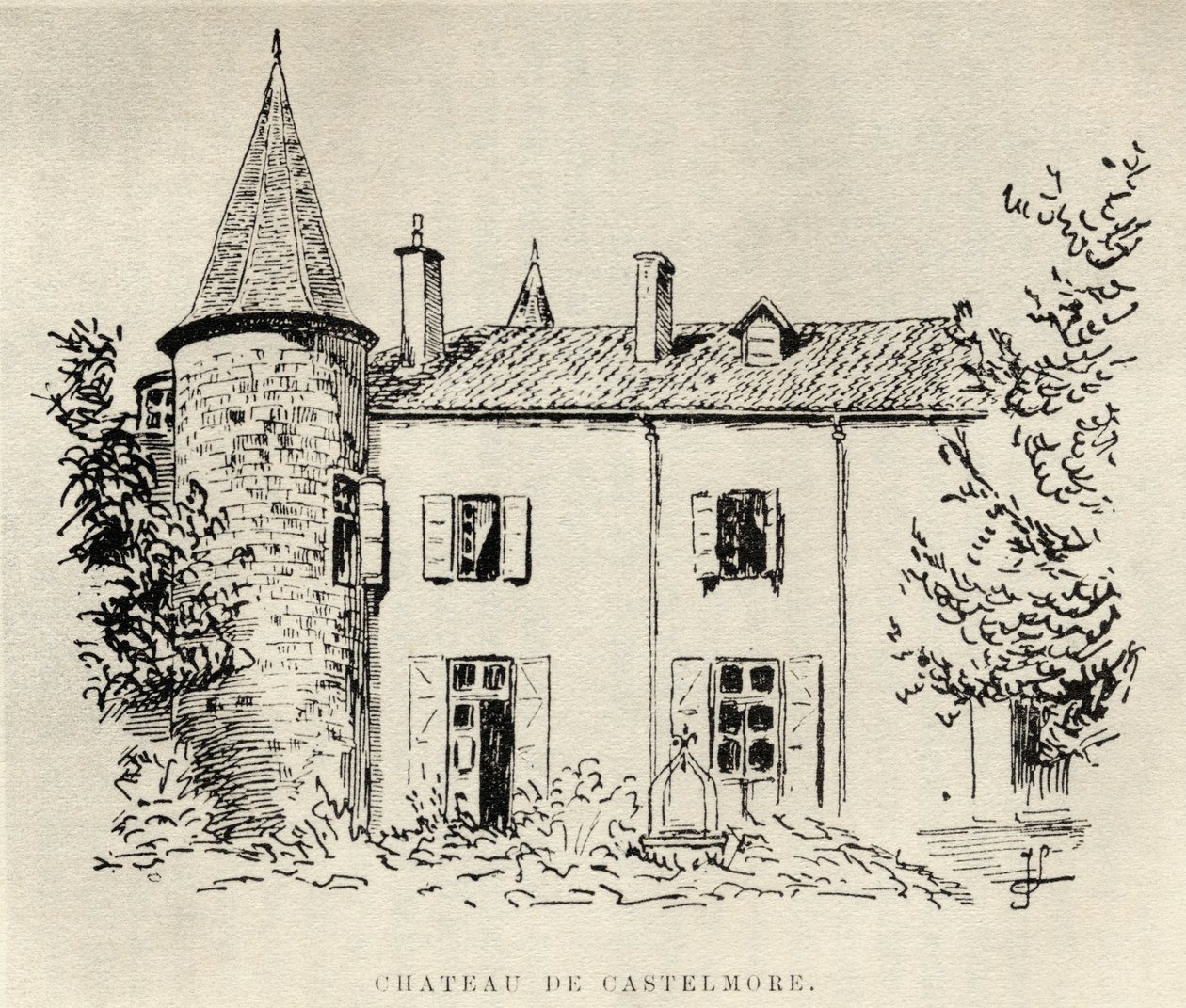 Chateau de Castelmore, z Memoirs of Charles de Batz-Castelmore Comte dArtagnan, opublikowane 1928 autorstwa French School