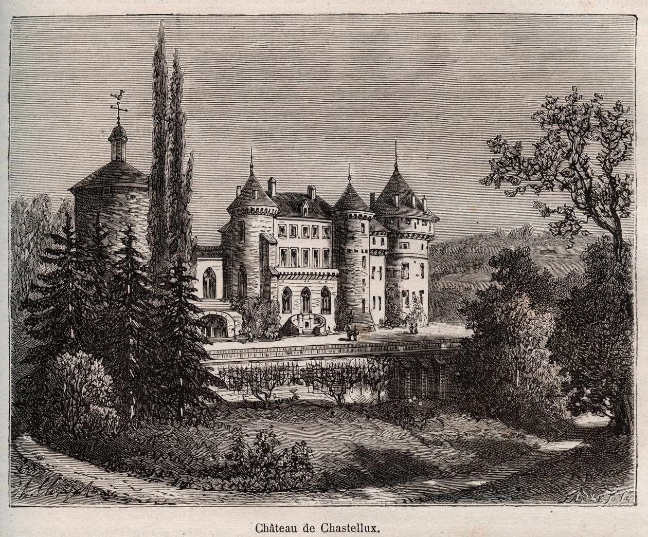 Zamek Chastellux - Chastellux sur cure, Burgundia - rycina w „La France illustree: geografia, historia, administracja statystyczna” autorstwa V.-A. Słodowo-Brązowy. 1884 autorstwa French School