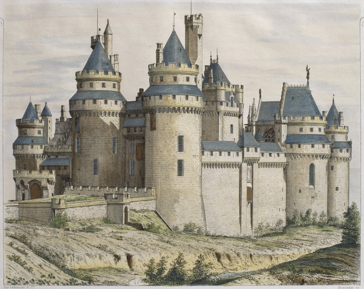 Chateau de Pierrefonds, ilustracja z Le Moniteur des architectes, grawerowana przez Bosredona (kolorowe grawerowanie) autorstwa French School