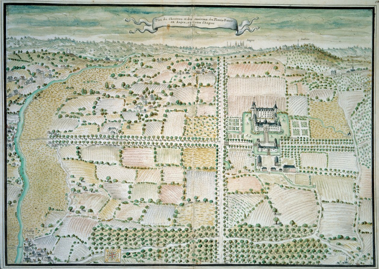 Chateaux de la Loire: „”Widok na zamek Plessis Bourre”” Akwarela szkoły francuskiej. 1699 Paryż, B.N. autorstwa French School