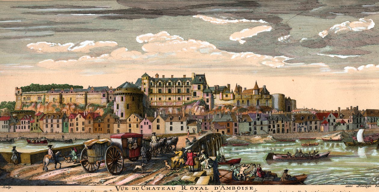 Chateaux de la Loire: widok na zamek Amboise w Indre i Loary w 18 wieku. Rycina z epoki. Kolekcja prywatna autorstwa French School