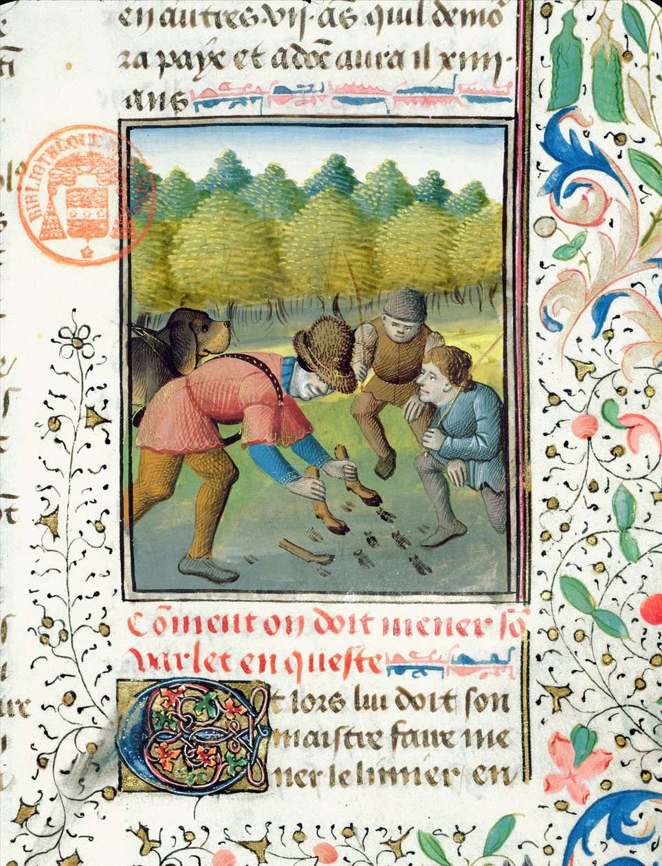 Sprawdzanie śladów jelenia, z Livre de la Chasse Gastona Phebusa de Foix (1331-91) autorstwa French School