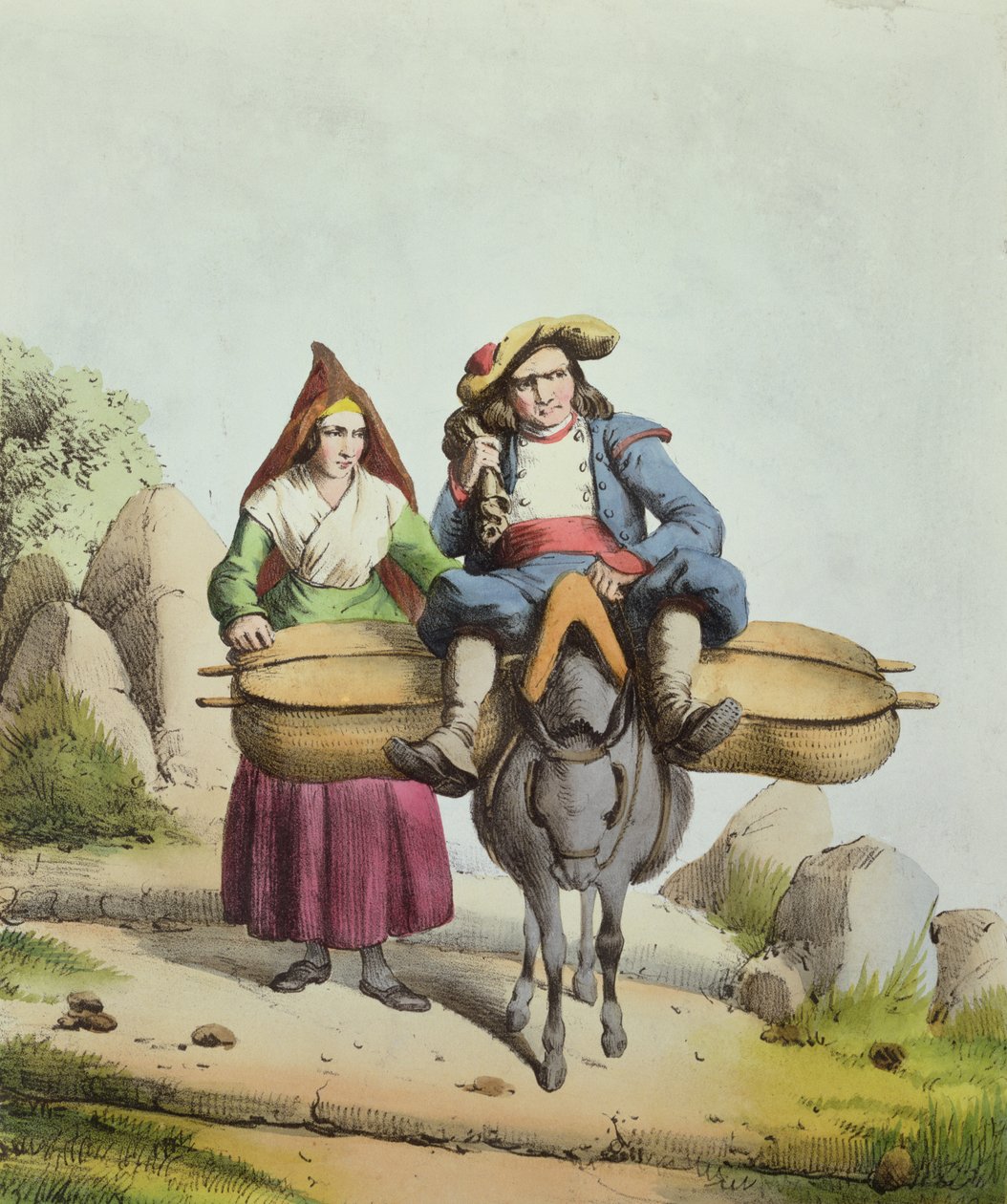 Sprzedawcy serów z regionu Tarbes, ok. 1840 r. (kolorowe grawerowanie) autorstwa French School