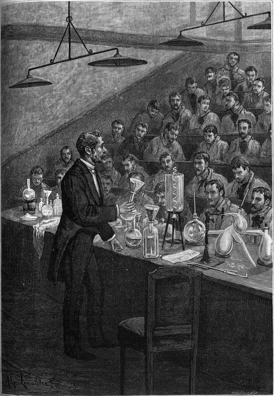 Zajęcia z chemii w Ecole Centrale de Paris. Grawer w ""gazecie młodzieżowej"" 1887. autorstwa French School