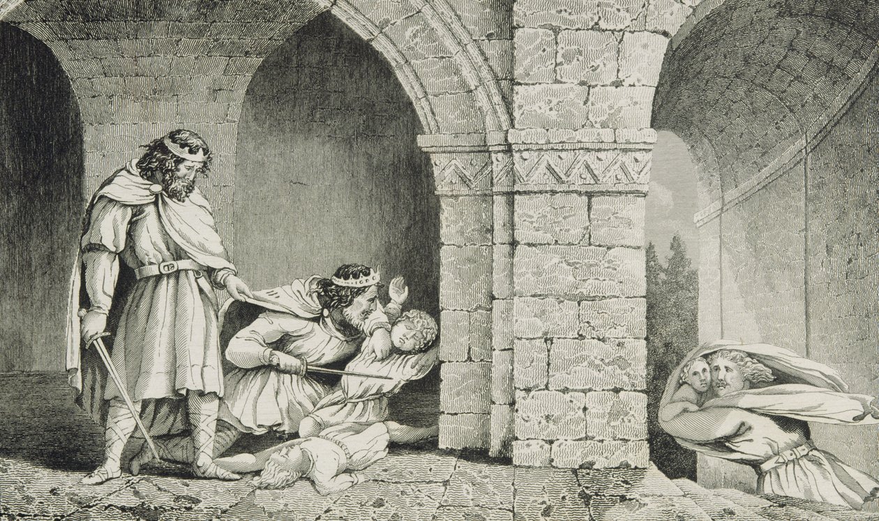 Childebert I (ok. 498-588) podczas zamordowania spadkobierców swoich braci, z "Histoire de France" Colarta, wydanej ok. 1840 r. autorstwa French School