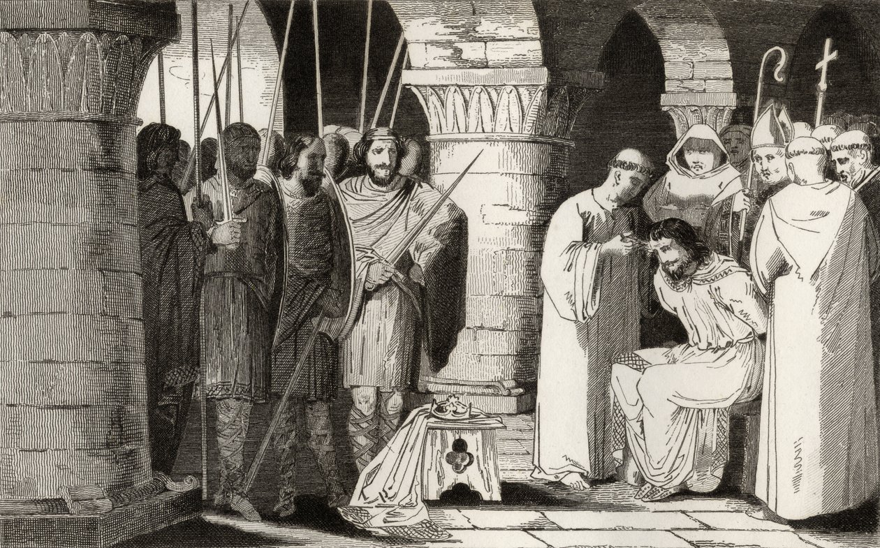 Childeric III (714-51) zostaje zdetronizowany i zamknięty w klasztorze, z „Histoire de France” Colarta, opublikowanej ok. 1840 r. autorstwa French School