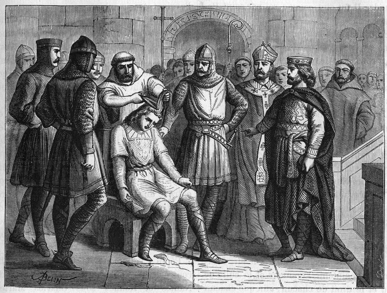 Childeryk III, ostatni król Merowingów, zdetronizowany przez Pepina le Briefa, króla Franków, został zamknięty w klasztorze Sithiu, niedaleko Saint-Omer, w 751. XIX-wieczny rytownik. autorstwa French School