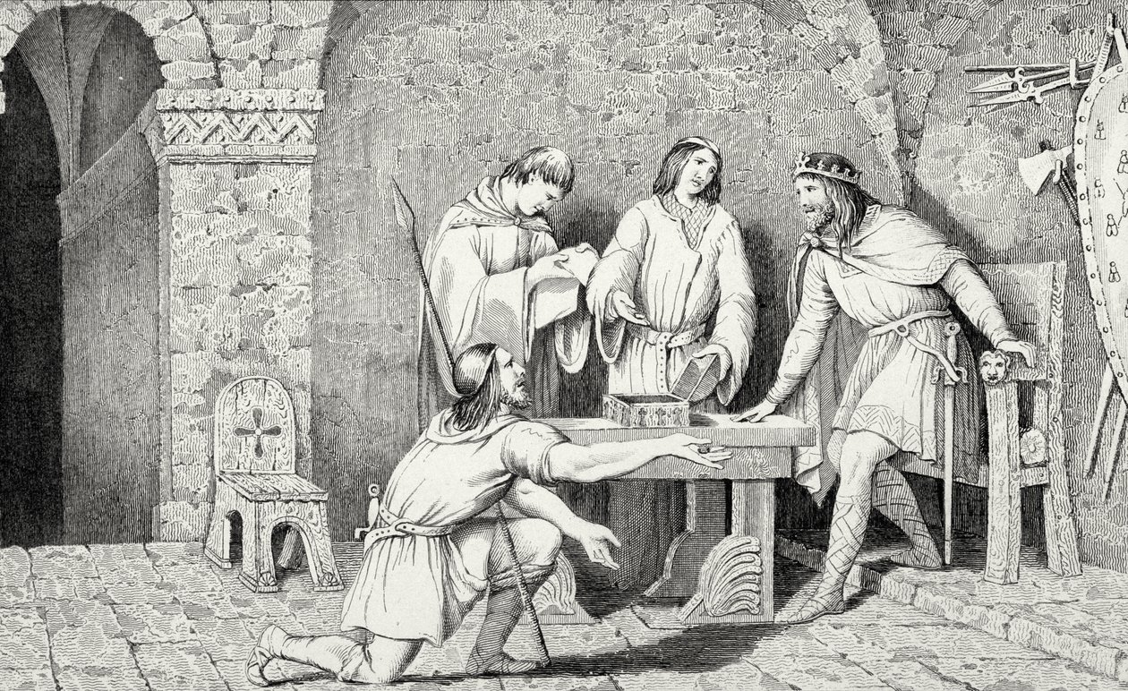 Childeric I (zm. 481) i Historia dwóch połówek złotej monety z „Histoire de France” Colarta, wydanej ok. 1840 r. autorstwa French School