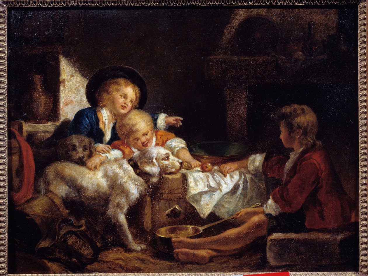 Dzieci Troje małych dzieci i dwa psy w stodole. Malarstwo Szkoły Francuskiej. XVIII-wieczna kolekcja prywatna autorstwa French School