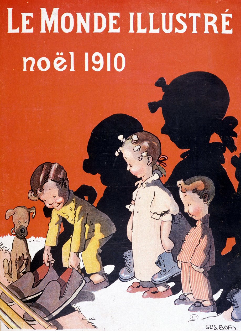 Dzieci rzucające buty przed kominkiem dla Świętego Mikołaja – w „Le Monde Ilustré” autorstwa French School