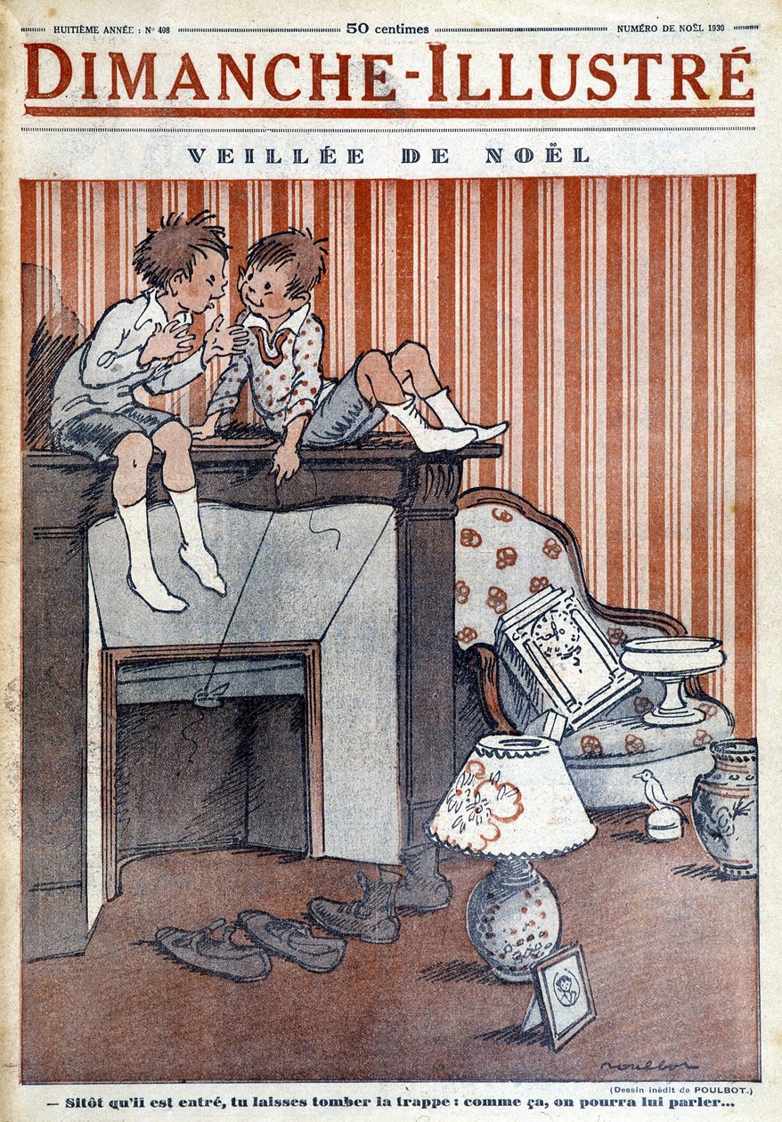 Dzieci siedzące na kominie, zastawiające pułapkę na Ojca Gwiazdkę, dla gazety "Le Dimanche illustrious" na Boże Narodzenie 1930 r. (rycina) autorstwa French School