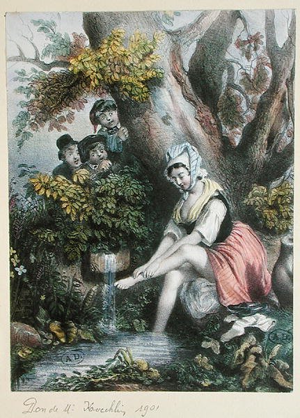 Dzieci podglądają młodą dziewczynę myjącą stopy w strumieniu. C. 1840 (kolor lito) autorstwa French School