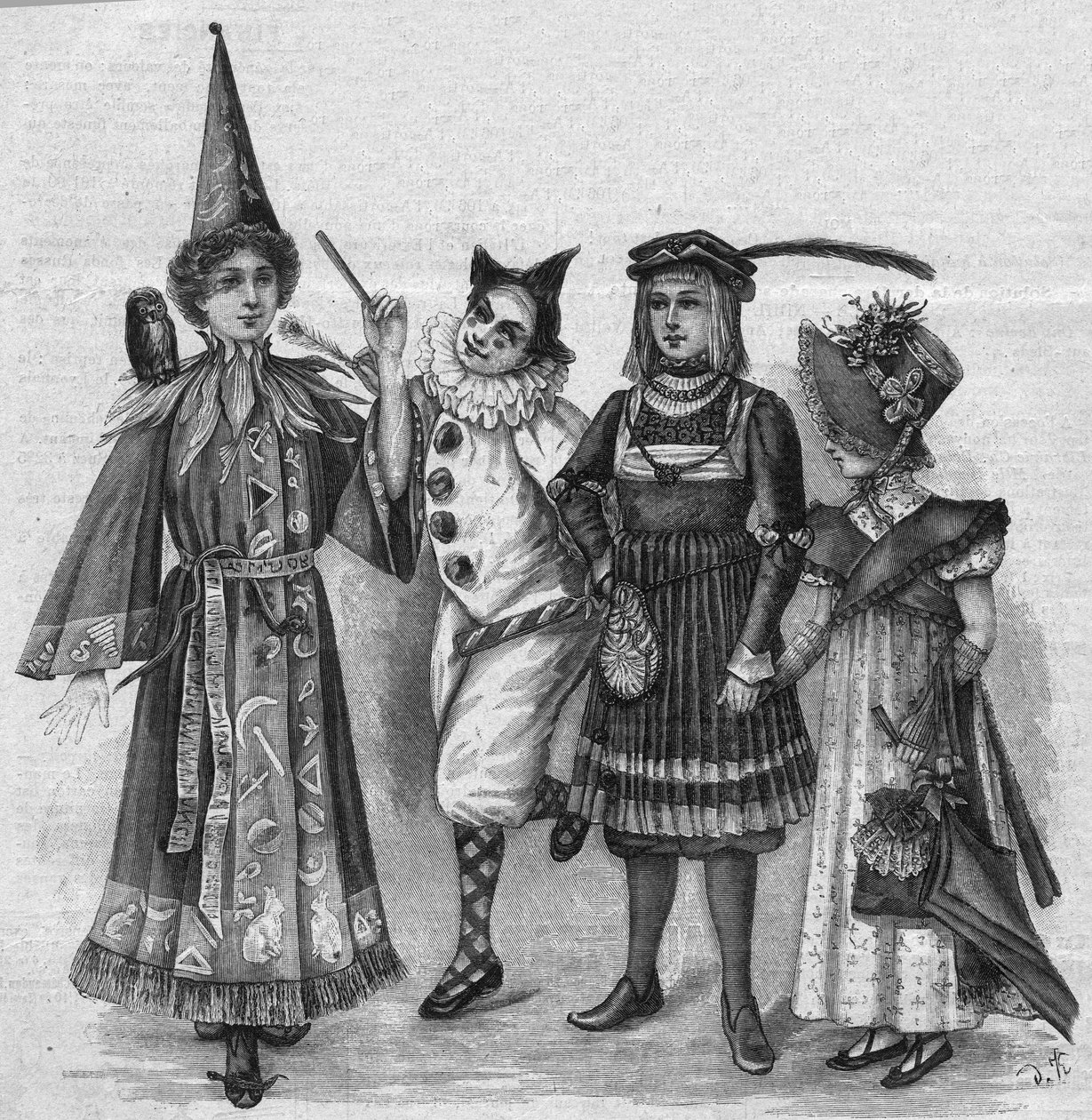 Odzież dziecięca: kostiumy czarownic, klaun, paź i „Imperium”. Grawer w „La gazette du dimanche” z 23 stycznia 1896 r. autorstwa French School