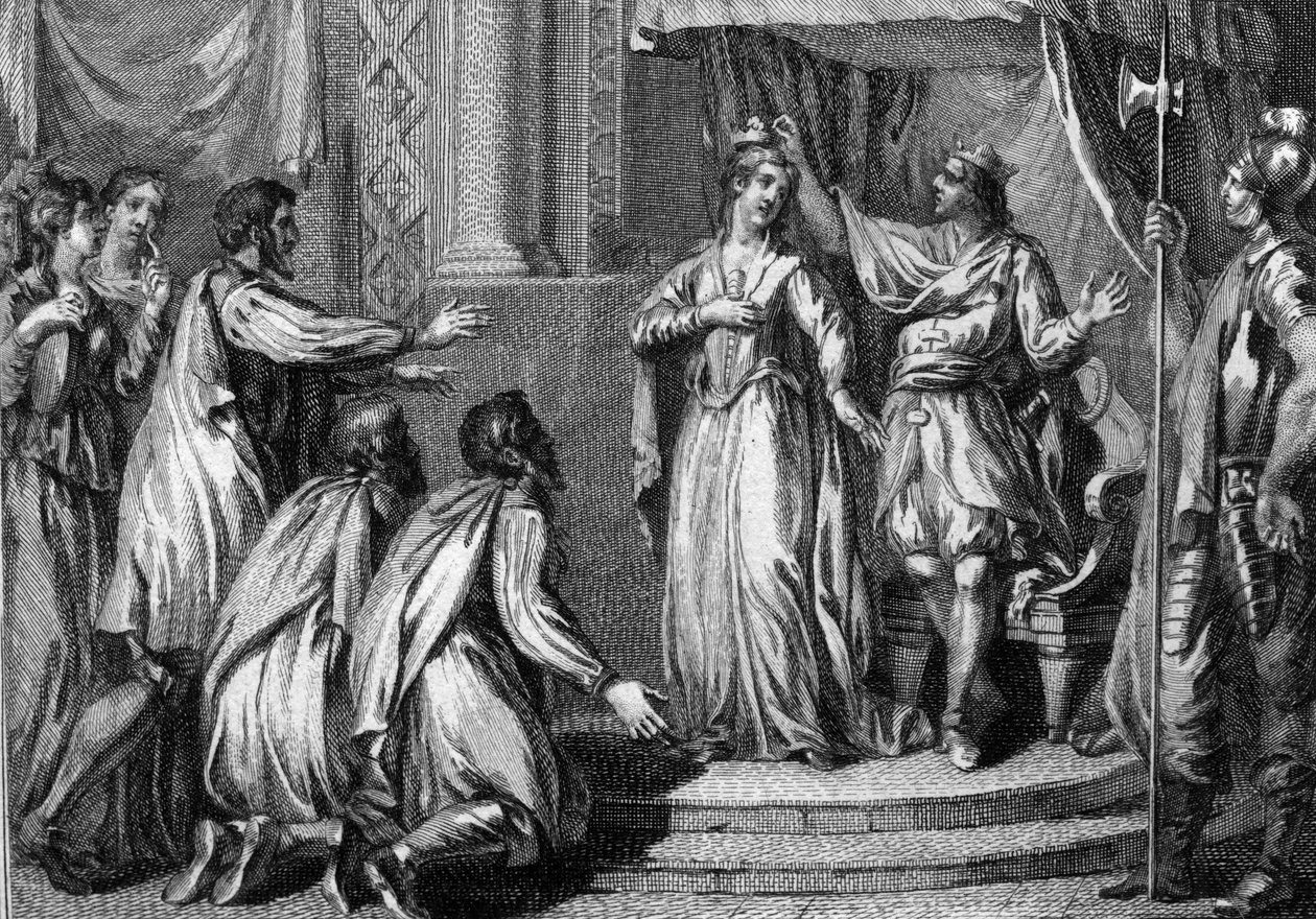 Chilperic I (ok. 539-584), król Neustrii, w 568 koronował swoją żonę Fredegonde (545-597), królową królestwa. Rycina z XVIII wieku. autorstwa French School