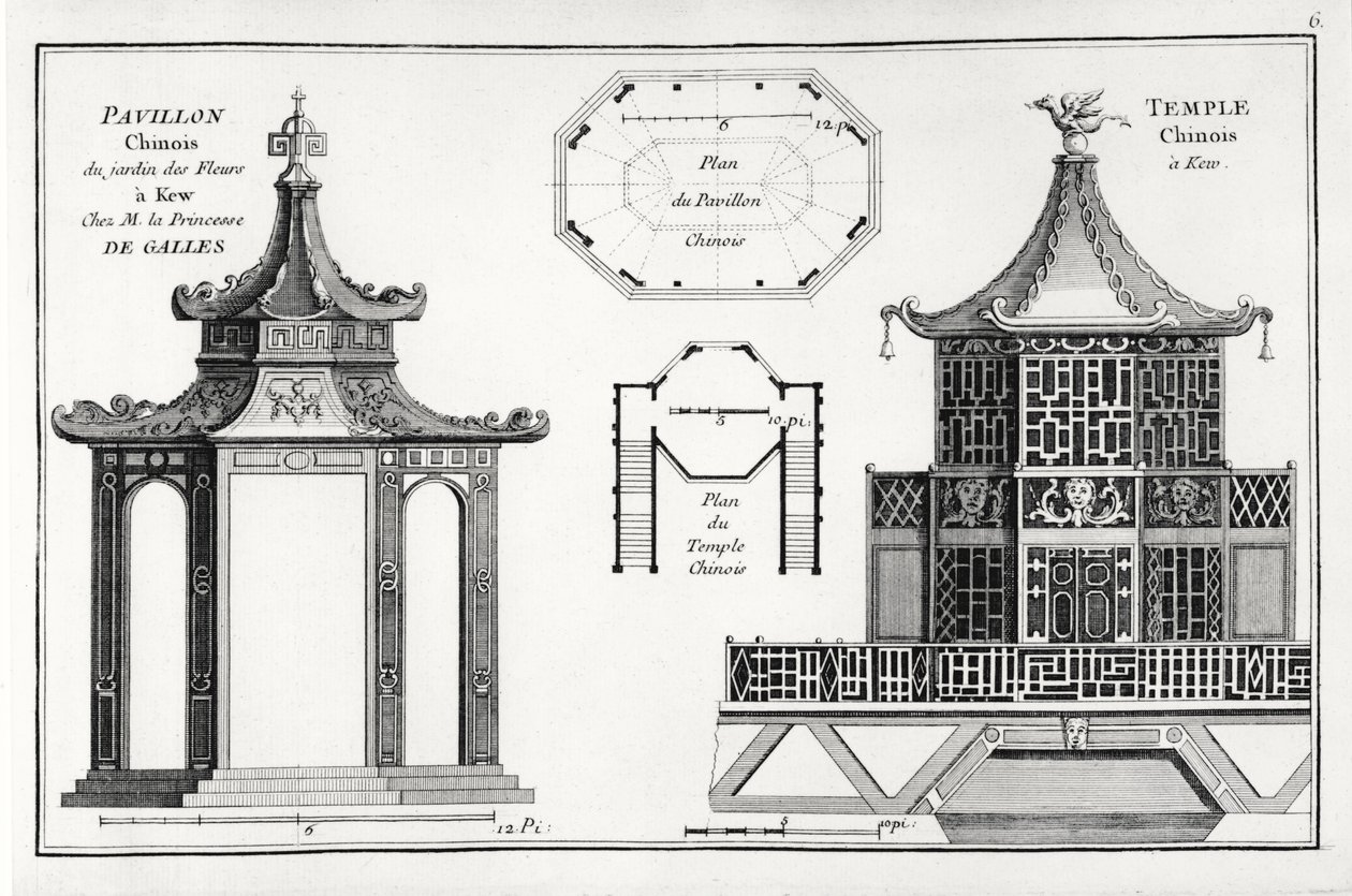 Pawilon chiński w ogrodzie kwiatowym w Kew, z Jardins Anglo-Chinois a la Mode, George Louis le Rouge, opublikowany ok. 1776-88 autorstwa French School