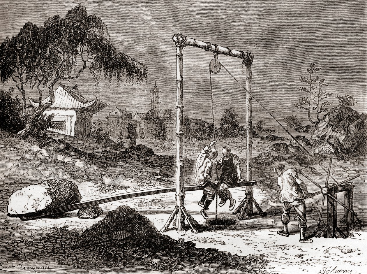 Chińscy robotnicy w XIX wieku kopali studnię w celu wydobycia słonej wody, z „Les Merveilles de la Science”, opublikowanej ok. 1870 r. (rycina) autorstwa French School