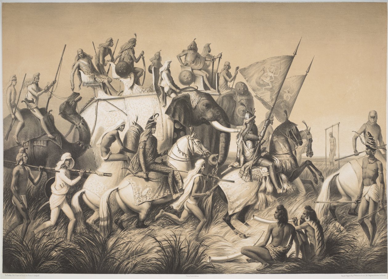 Chir Singh, Maharadża Sikhów z królem Pendżabu i jego świtą z „Podróży w Indiach”, c.1850 (lit) autorstwa French School