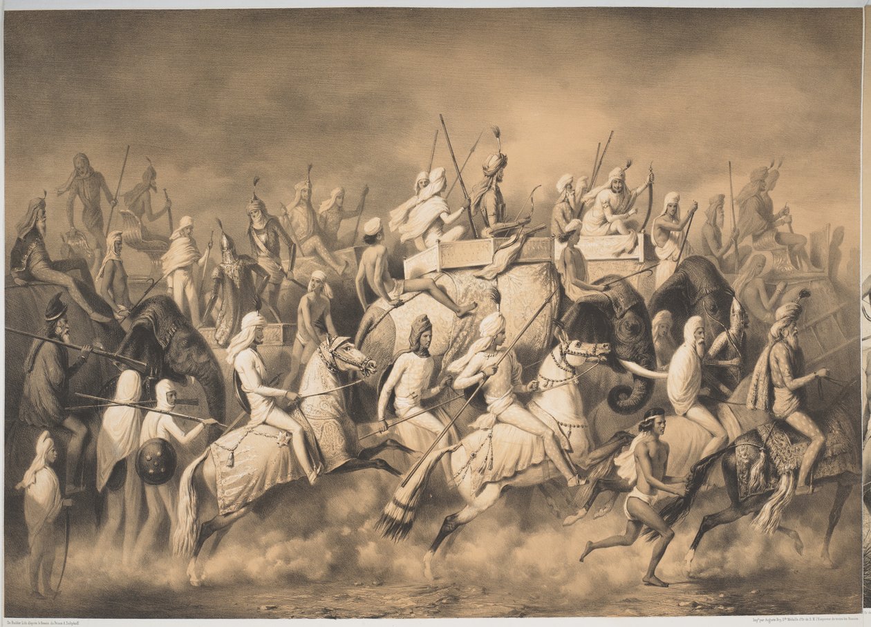 Chir Singh, maharadża Sikhów i król Pendżabu ze swoją świtą polującą w pobliżu Lahore, z „Podróży w Indiach”, c.1850 (lito) autorstwa French School